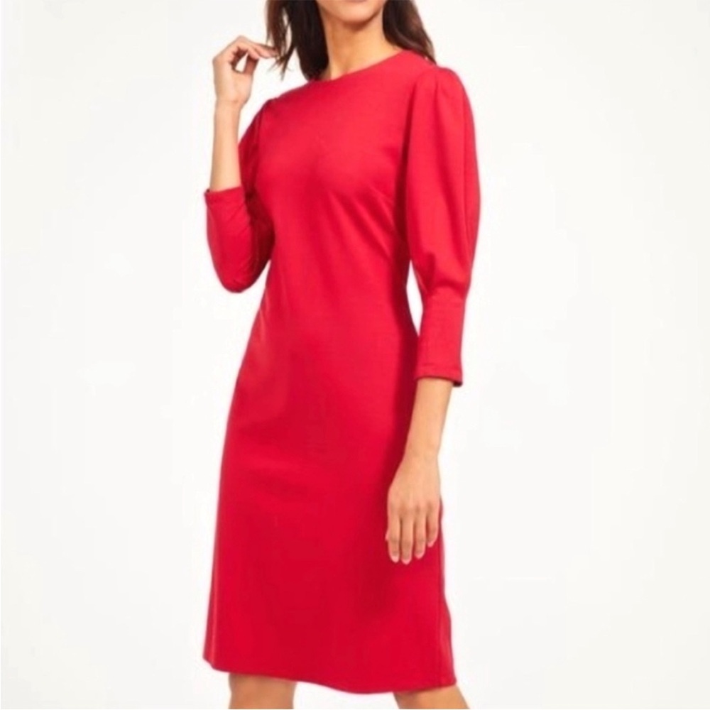J. McLaughlin Dress Women's Large Ezra Red Stretch Ponte Puff Sleeve Christmas